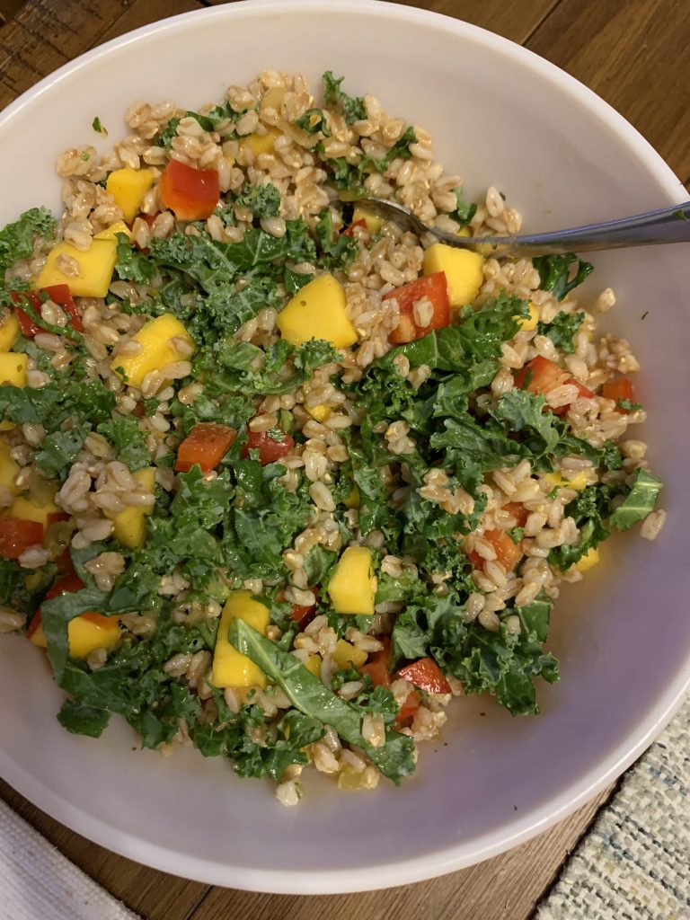 Easy Vegan Farro & Mango Salad in serving bowl
